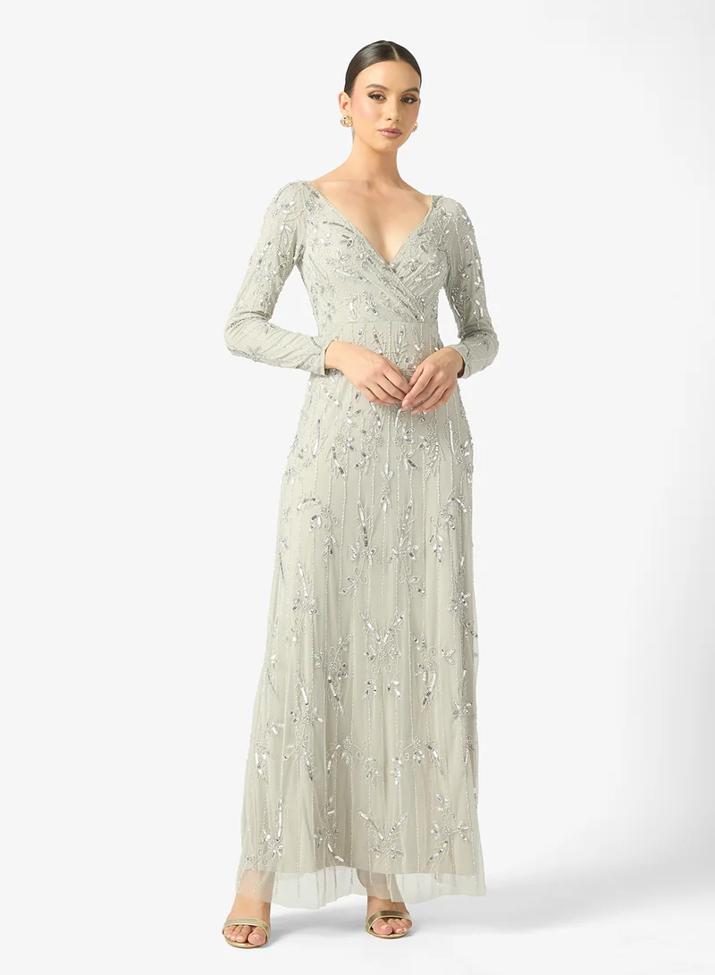 BEAUUT Anzal Embellished V Neck Long Sleeve Sequin Maxi Dress