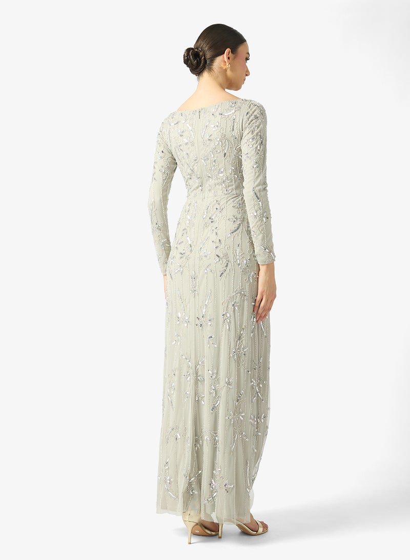 بيوت فستان ماكسي طويل بأكمام طويلة وياقة على شكل حرف  مزين بالترتر من أنزال - Image 2