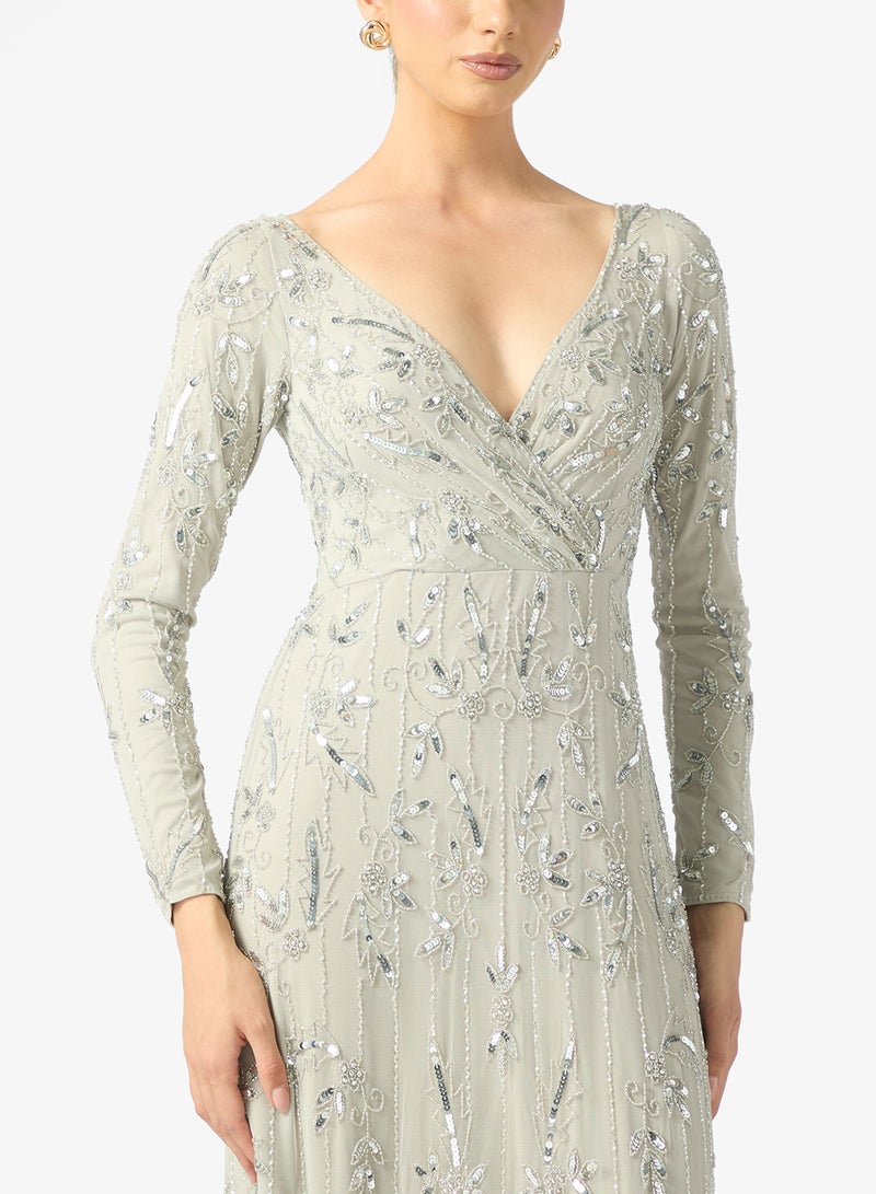 بيوت فستان ماكسي طويل بأكمام طويلة وياقة على شكل حرف  مزين بالترتر من أنزال - Image 3