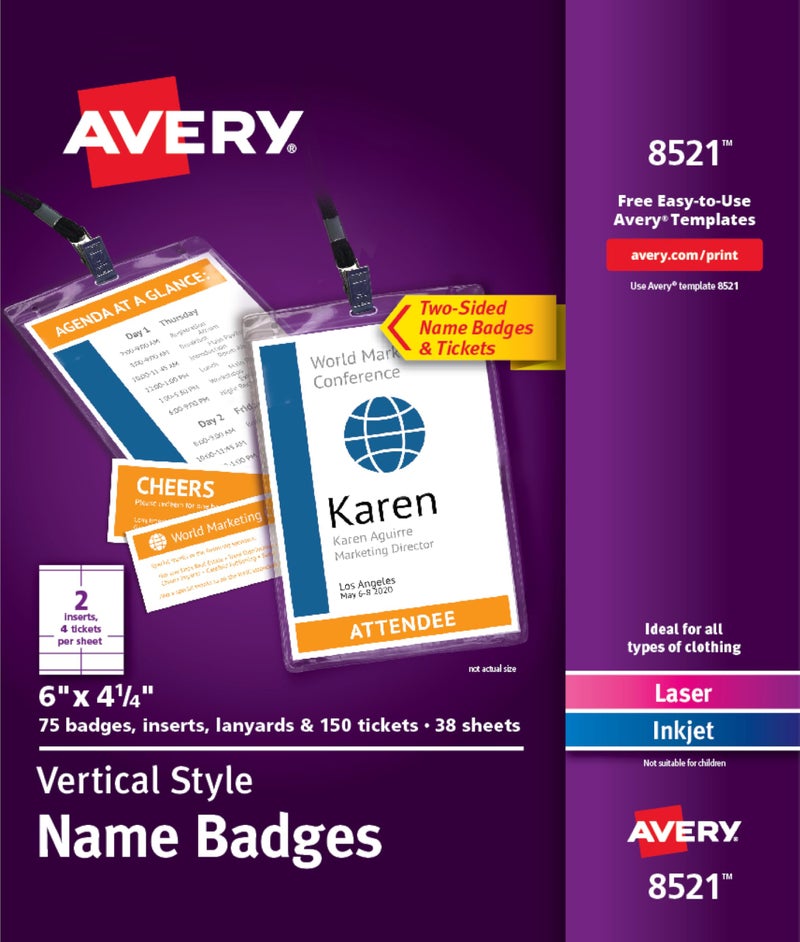 Avery Customizable Name Badges 6 x 425 LaserInkjet Printable Inserts Including Tickets 75 Vertical Name Tag Holders Includes Lanyards 8521