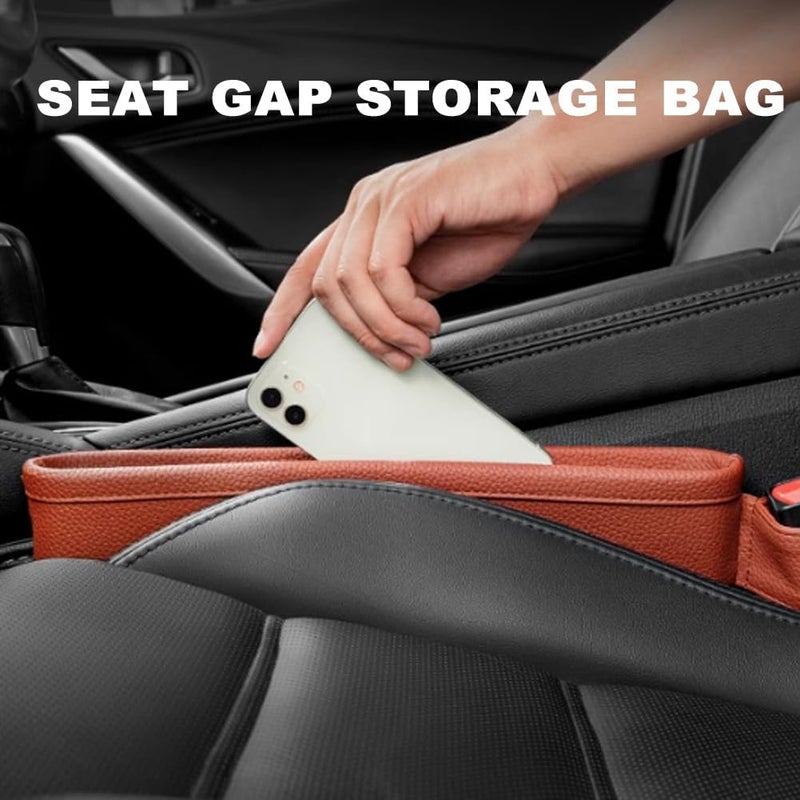 Tumecos Car Seat Pockets PU Leather Car Console Side Organizer Seat Catcher Holders Compatible with Phone Key Wallet Phone Sunglasses 2 Pack (Beige) - Image 2