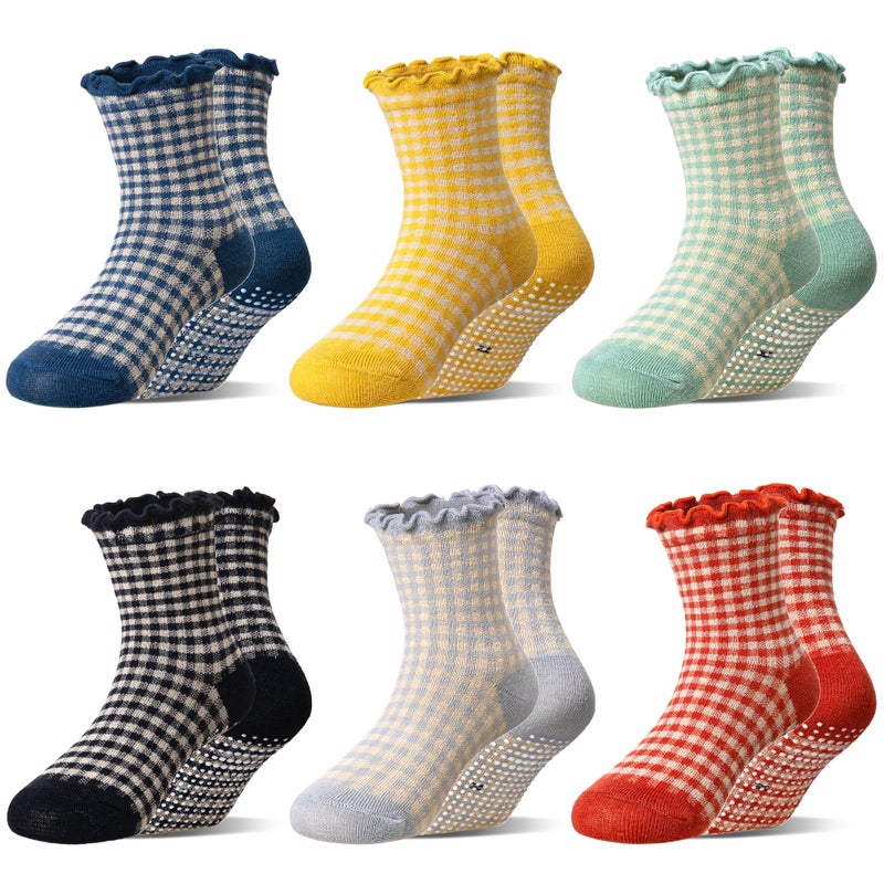 Eocom Toddler Ruffle Socks Baby Girls Non Slip Frilly Dress Cotton Grips Socks 6 Pairs(Check, 1-3T) - Image 1