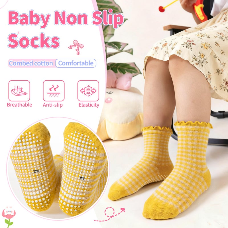 Eocom Toddler Ruffle Socks Baby Girls Non Slip Frilly Dress Cotton Grips Socks 6 Pairs(Check, 1-3T) - Image 4