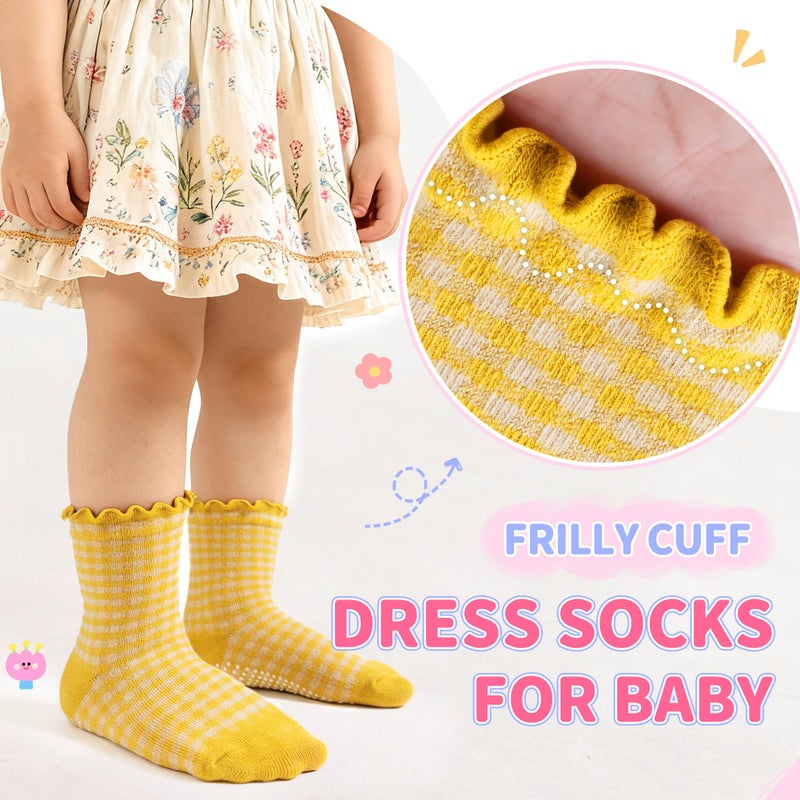 Eocom Toddler Ruffle Socks Baby Girls Non Slip Frilly Dress Cotton Grips Socks 6 Pairs(Check, 1-3T) - Image 3
