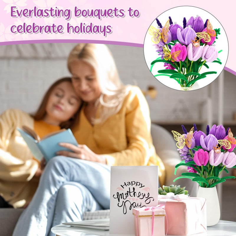 Sinload 290 Pcs Purple Pipe Cleaners DIY Tulip Pipe Cleaner Flower Bouquet Kit with Tutoria Wrapping Paperpipe Cleaners Flowers for Crafts Valentines Day Mother Gifts - Image 3