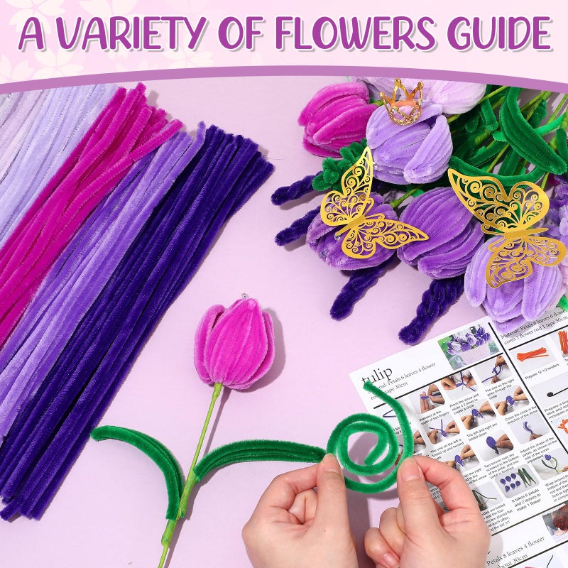 Sinload 290 Pcs Purple Pipe Cleaners DIY Tulip Pipe Cleaner Flower Bouquet Kit with Tutoria Wrapping Paperpipe Cleaners Flowers for Crafts Valentines Day Mother Gifts - Image 5