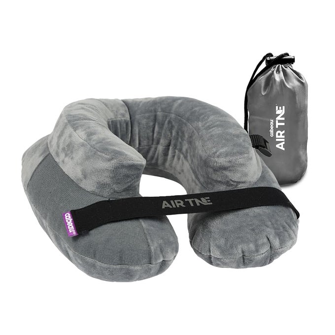 INFLATABLE TRAVEL PILLOW AIR TNE ADJUSTABLE LIGHTWEIGHT AND SUPPORTIVE FOR SLEEPING ON AIRPLANES TRAINS AND CARS CUSTOMIZED FIT AND COMPACT CARRYING CASE SLATE GREY