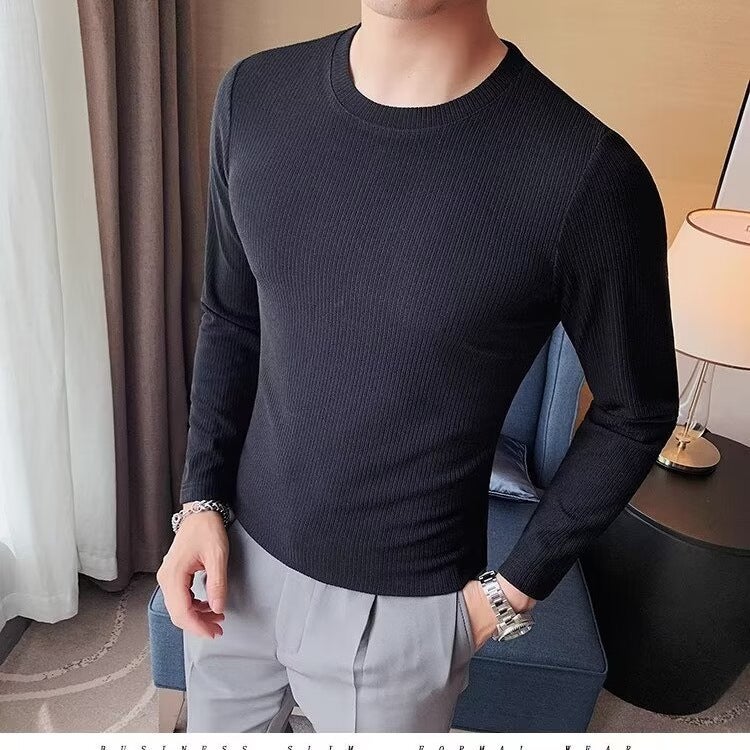 New High-End Sense Elastic Arc Bottom Pinstripe Slim Long-Sleeved T-Shirt Men'S Dark Stripe Crewneck Base Shirt - Image 3