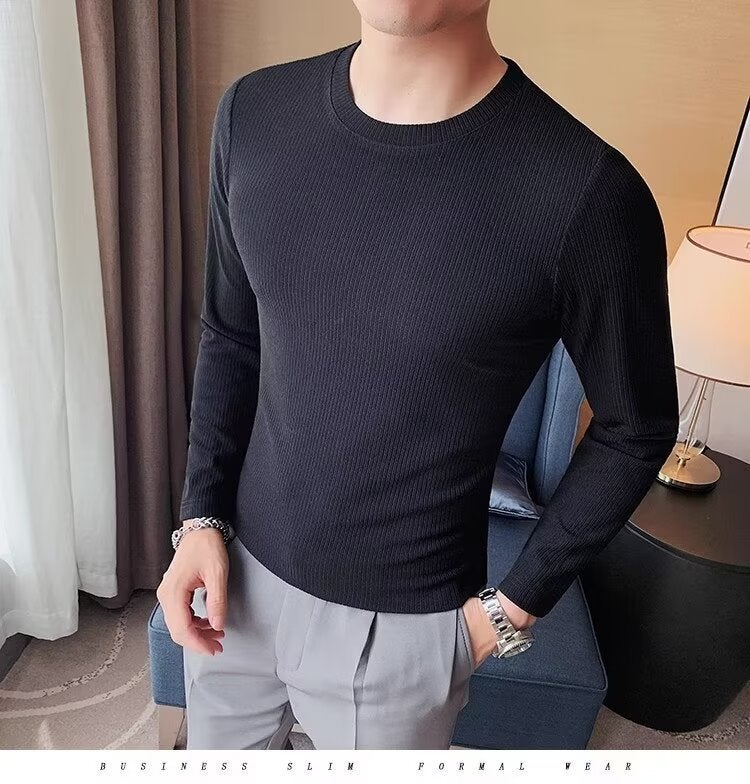 New High-End Sense Elastic Arc Bottom Pinstripe Slim Long-Sleeved T-Shirt Men'S Dark Stripe Crewneck Base Shirt - Image 1