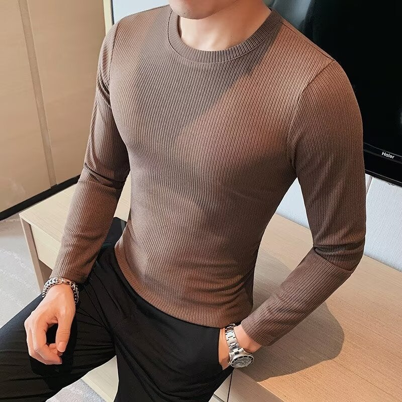 New High-End Sense Elastic Arc Bottom Pinstripe Slim Long-Sleeved T-Shirt Men'S Dark Stripe Crewneck Base Shirt - Image 5