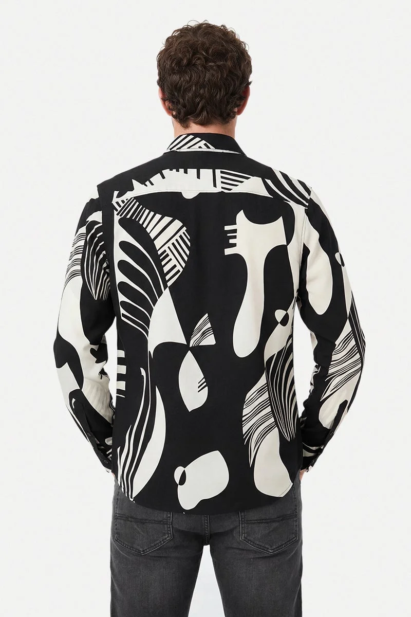 سنيتش Black Abstract Long Sleeve Slim Fit Casual Shirt