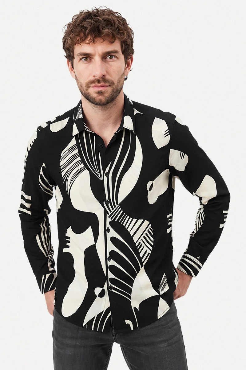 سنيتش Black Abstract Long Sleeve Slim Fit Casual Shirt