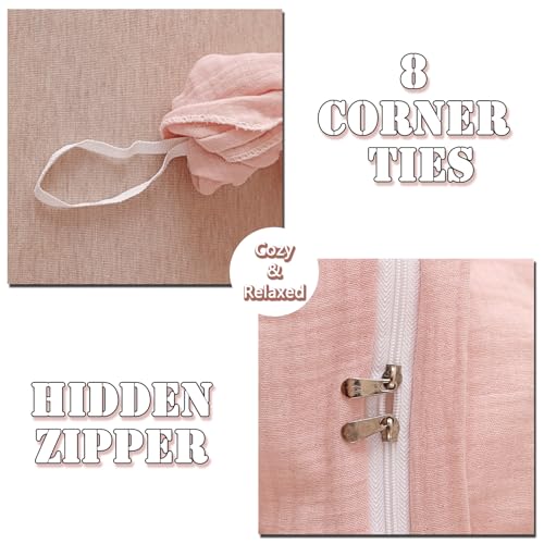 MorroMorn Muslin Duvet Cover Twin Size, 100% Breathable Cotton 2-Layer Gauze Comforter Cover Set 3 Pieces with 2 Pillowcases Zipper Closure & Corner Ties, Ultra Soft Linen Like, 68"x90", Pink - Image 5