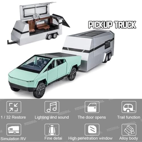 VikriDA 1/32 Pickup Trailer RV Model Kit, Off-Road Vehicle Alloy,Car Model Diecast Metal Toy,Truck Model Simulation Sound Light,Gifts for boy Girl (Green) - Image 4
