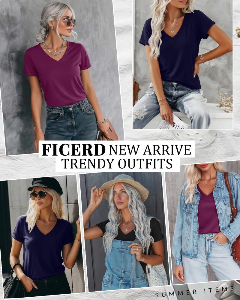 Ficerd 3 Pack Women's V Neck T Shirts, Summer Casual Short Sleeve Tops Loose Fit Rolled Sleeve Tees Trendy Shirts(Black, Navy Blue, Fuchsia,Large) - Image 3
