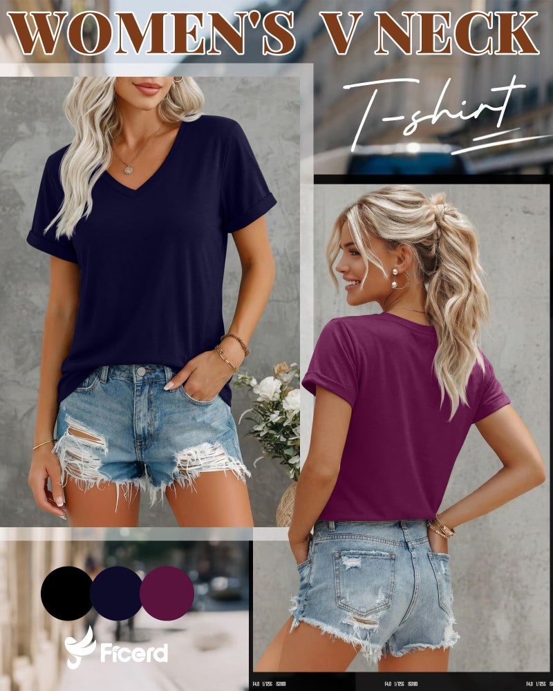 Ficerd 3 Pack Women's V Neck T Shirts, Summer Casual Short Sleeve Tops Loose Fit Rolled Sleeve Tees Trendy Shirts(Black, Navy Blue, Fuchsia,Large) - Image 2