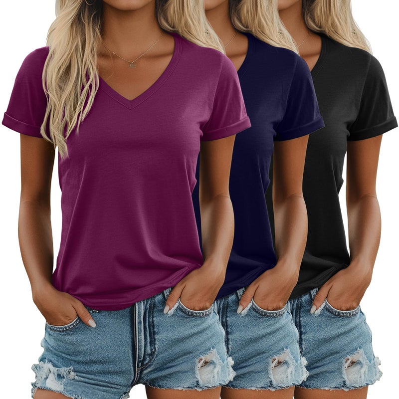 Ficerd 3 Pack Women's V Neck T Shirts, Summer Casual Short Sleeve Tops Loose Fit Rolled Sleeve Tees Trendy Shirts(Black, Navy Blue, Fuchsia,Large) - Image 1