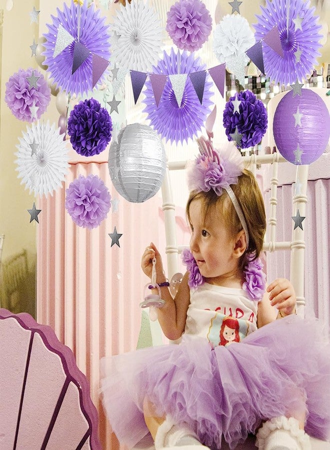 FETETIJD Purple White and Silver Party Decorations Lanterns Fans Poms Light Purple and Silver Party Decorations for Graduation Baby Shower Bridal Shower Wedding Birthday Purple Silver White Party Decorations - Image 2