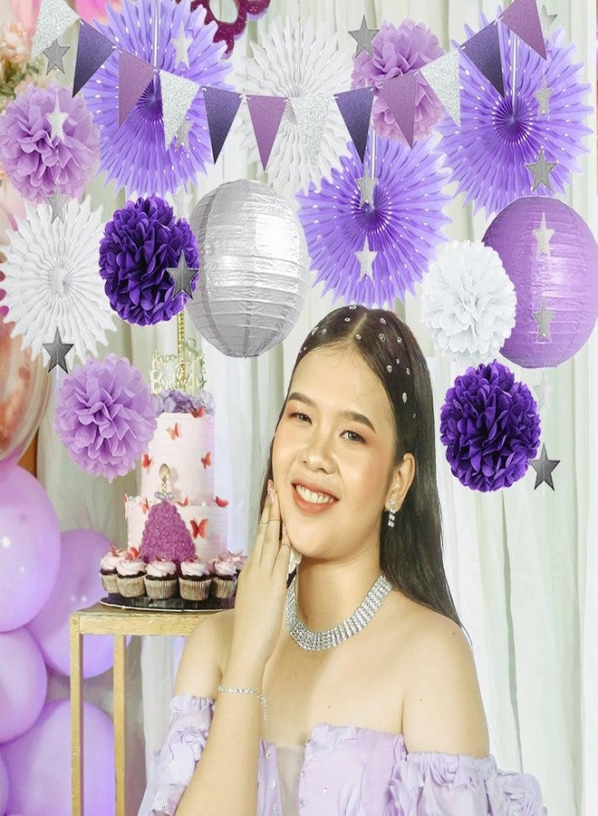 FETETIJD Purple White and Silver Party Decorations Lanterns Fans Poms Light Purple and Silver Party Decorations for Graduation Baby Shower Bridal Shower Wedding Birthday Purple Silver White Party Decorations - Image 4