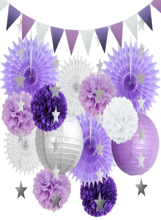 FETETIJD Purple White and Silver Party Decorations Lanterns Fans Poms Light Purple and Silver Party Decorations for Graduation Baby Shower Bridal Shower Wedding Birthday Purple Silver White Party Decorations - Image 1