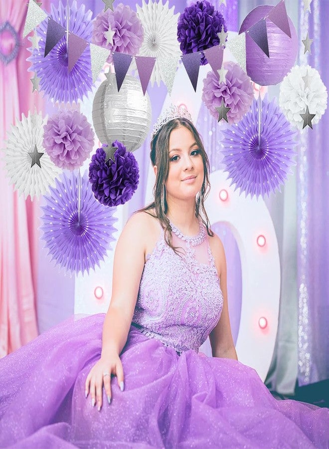 FETETIJD Purple White and Silver Party Decorations Lanterns Fans Poms Light Purple and Silver Party Decorations for Graduation Baby Shower Bridal Shower Wedding Birthday Purple Silver White Party Decorations - Image 3
