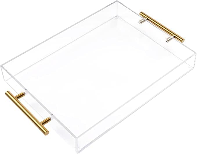 Moonlit Pond 11x14 Clear Acrylic Serving Tray with Golden Handles Sturdy Huge Capacity Acrylic Tray for Coffee Juice Kitchen and Desk Organizer 11x14 - Image 1