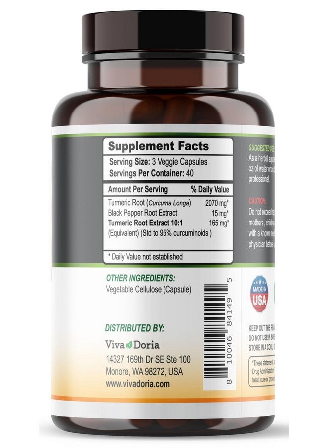 Viva Doria فيفا دوريا كركم كركمين مع مستخلص الفلفل الأسود 2250 ملغ، 95% كركمين موحد - فلفل أسود لأقصى امتصاص، 120 كبسولة نباتية - Image 3