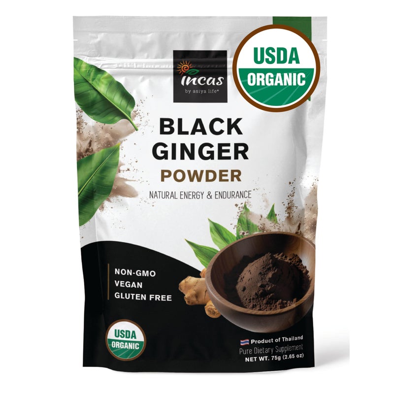 INCAS 100 USDA Organic Thai Black Ginger Powder For Men 265 Ounce From Thailand Non GMO Verified Herbal Supplement for Natural Energy Endurance