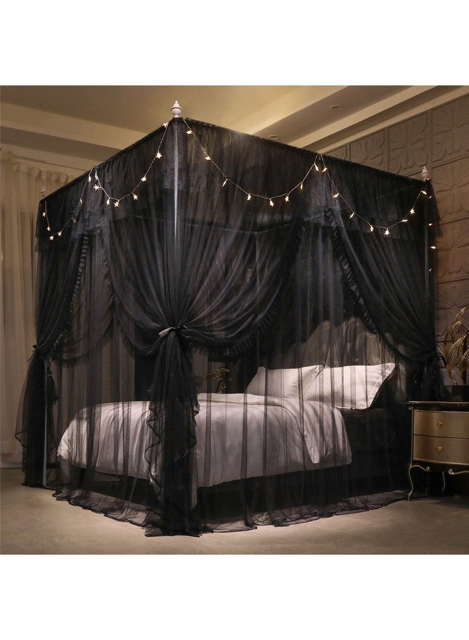 VETHIN 4 Corners Post Ruffle Princess Bed Canopy Curtain-Double Layer Cozy Drape Netting 4 Opening Mosquito Net for Girls Adults Bedroom Decoration (Double-Black,78" W*86" L*82"*H/King) - Image 3