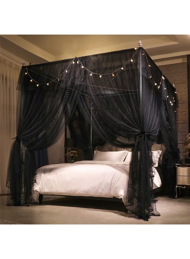 VETHIN 4 Corners Post Ruffle Princess Bed Canopy Curtain-Double Layer Cozy Drape Netting 4 Opening Mosquito Net for Girls Adults Bedroom Decoration (Double-Black,78" W*86" L*82"*H/King) - Image 2