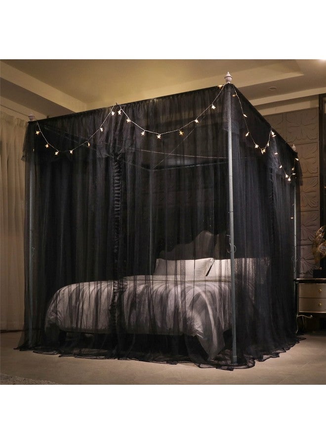 VETHIN 4 Corners Post Ruffle Princess Bed Canopy Curtain-Double Layer Cozy Drape Netting 4 Opening Mosquito Net for Girls Adults Bedroom Decoration (Double-Black,78" W*86" L*82"*H/King) - Image 4
