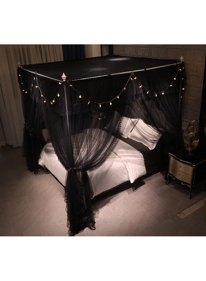 VETHIN 4 Corners Post Ruffle Princess Bed Canopy Curtain-Double Layer Cozy Drape Netting 4 Opening Mosquito Net for Girls Adults Bedroom Decoration (Double-Black,78" W*86" L*82"*H/King) - Image 5
