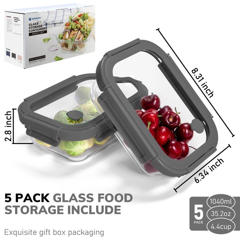 BOROHOUSE 5-Pack Borosilicate Glass Containers with Tempered Lids, 35.2oz/4.4 Cup Airtight Meal Prep Set, Microwave/Freezer Safe (Gray) - Image 2