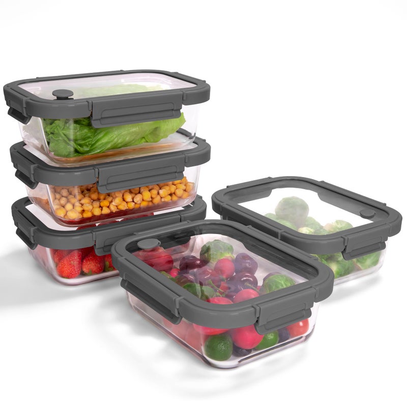 BOROHOUSE 5-Pack Borosilicate Glass Containers with Tempered Lids, 35.2oz/4.4 Cup Airtight Meal Prep Set, Microwave/Freezer Safe (Gray) - Image 1