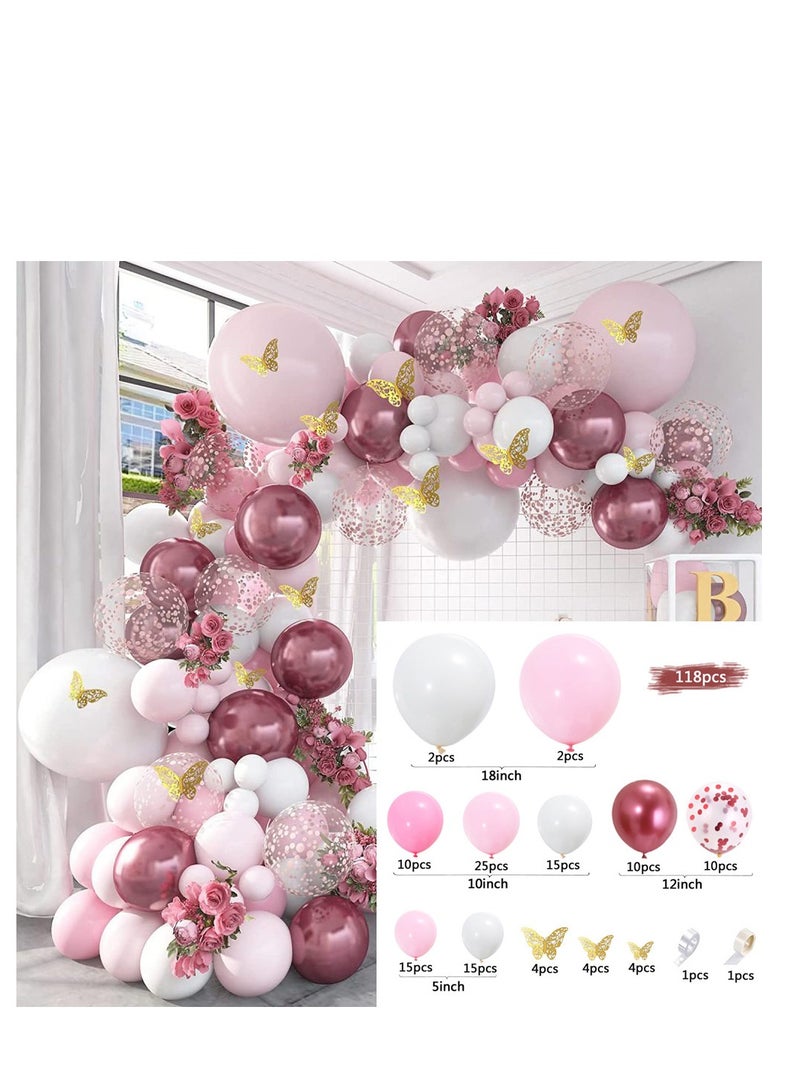 118Pcs Butterfly Metallic Pink Balloons Garland Arch Kit, Butterfly Stickers Baby Pink White Confetti Balloons, for Women Girls Birthday Shower Wedding Party Background Decorations - Image 3