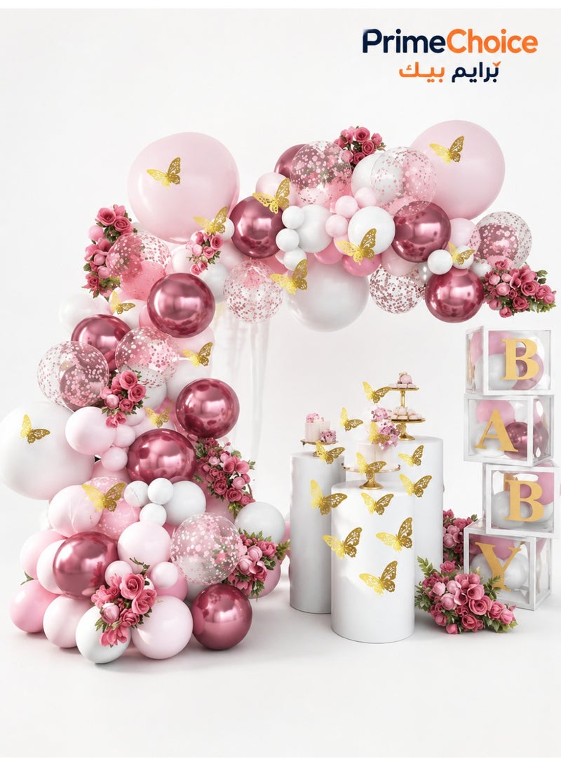 Prime Choice 118PCS Butterfly Metallic Pink Balloons Garland Arch Kit, Butterfly Stickers Baby Pink White Confetti Balloons, for Women Girls Birthday Shower Wedding Party Background Decorations - Image 1