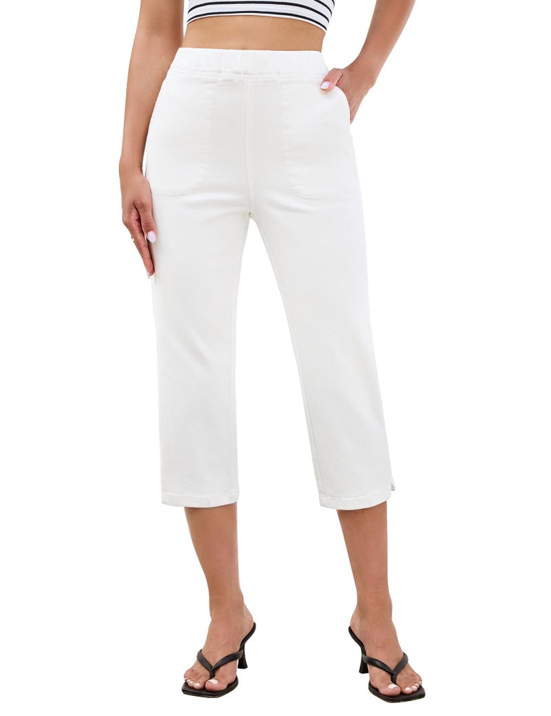 luvamia Capri Pants for Women White Pants High Waisted Jeans for Women Stretchy Denim Capris Womens Pull On Elastic Waist Jeans Cream White Size X-Large Fits US 16-18 - Image 1