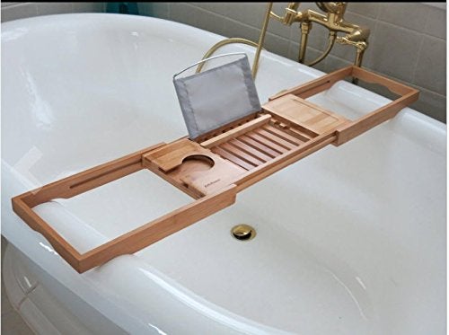 Home-Complete Bamboo Bathtub Tray - Wood Bath Caddy with Book, Phone, or Tablet Rest, Cup Holder, and Extended Sides for Bath Accessories by Home-Complete (Natural) - Image 5