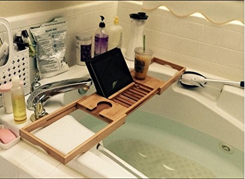 Home-Complete Bamboo Bathtub Tray - Wood Bath Caddy with Book, Phone, or Tablet Rest, Cup Holder, and Extended Sides for Bath Accessories by Home-Complete (Natural) - Image 4