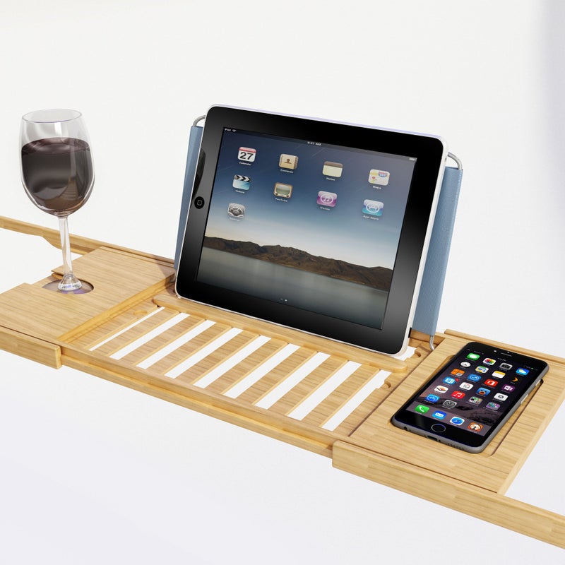 Home-Complete Bamboo Bathtub Tray - Wood Bath Caddy with Book, Phone, or Tablet Rest, Cup Holder, and Extended Sides for Bath Accessories by Home-Complete (Natural) - Image 2