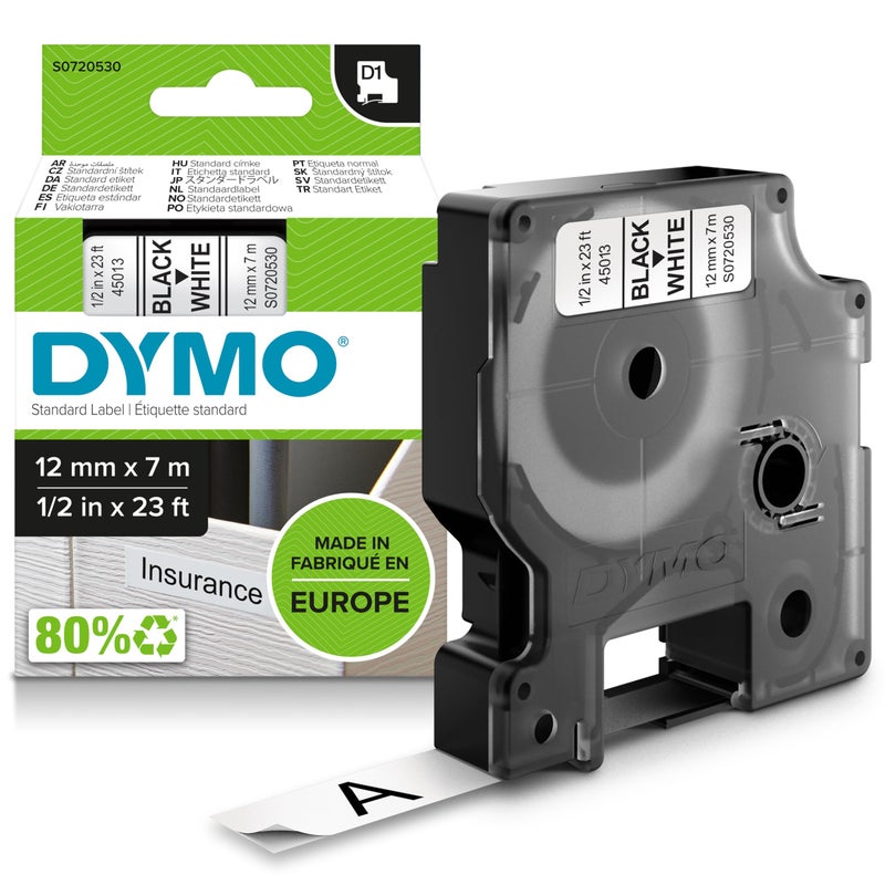 DYMO Authentic D1 Labels | Black Print on White Tape | 12 mm x 7 m | Self-Adhesive Labels for LabelManager Label Makers | Made in Europe - Image 1