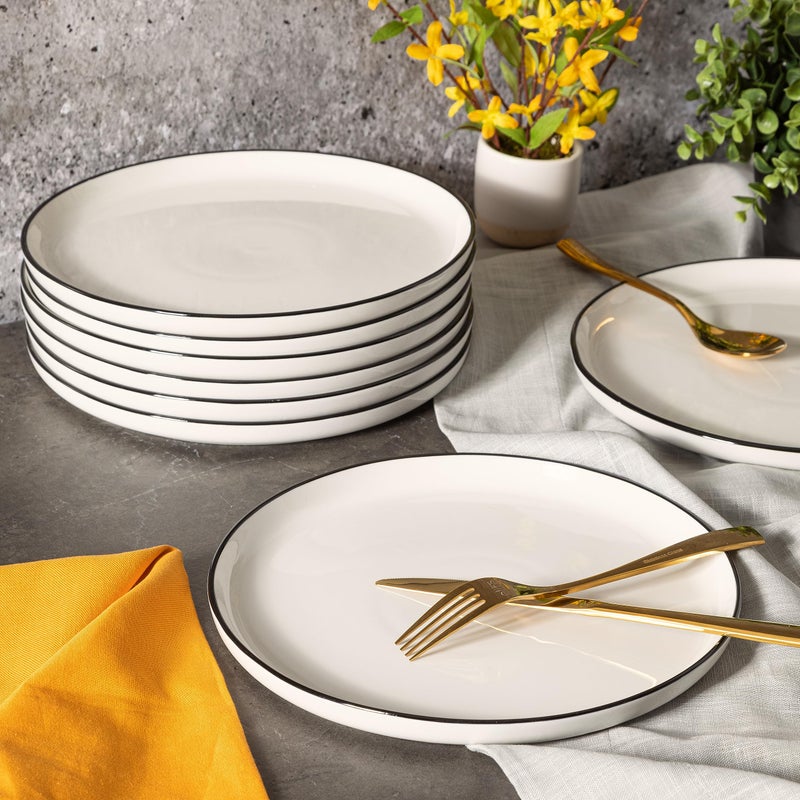 Gibson Home Oslo 8-Piece Porcelain Chip and Scratch Resistant Dinner Plate Set â€“ White with Black Rim, Microwave & Dishwasher Safe - Image 3