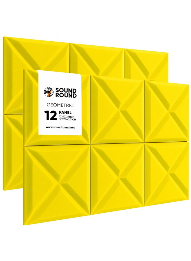 ساوند راوند ألواح الفوم الصوتي SoundRound مقاس 12×12×1 بوصة – عزل صوت احترافي بتصميم جيومتريك – للتحكم في الصدى ومعالجة السينما المنزلية – ألواح عالية الكثافة – 12 قطعة - لون اصفر - Image 1
