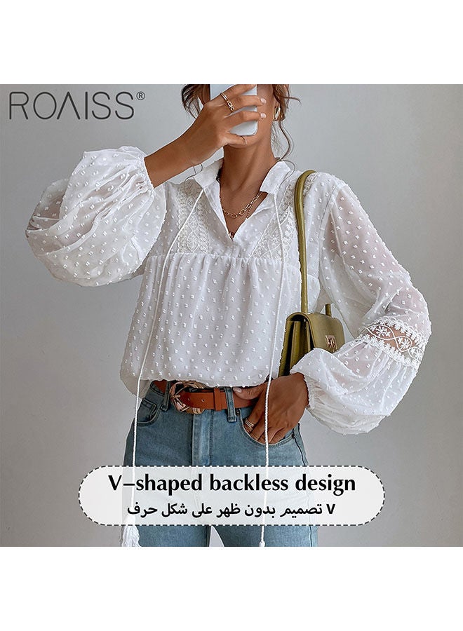 roaiss Women'S Polka Dot Chiffon Shirt Fashion Casual Lantern Sleeve Pullover Lapel Lace Pattern Patchwork Top  - Image 4