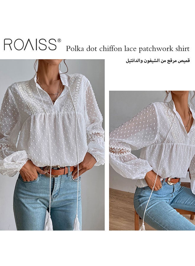 roaiss Women'S Polka Dot Chiffon Shirt Fashion Casual Lantern Sleeve Pullover Lapel Lace Pattern Patchwork Top  - Image 2