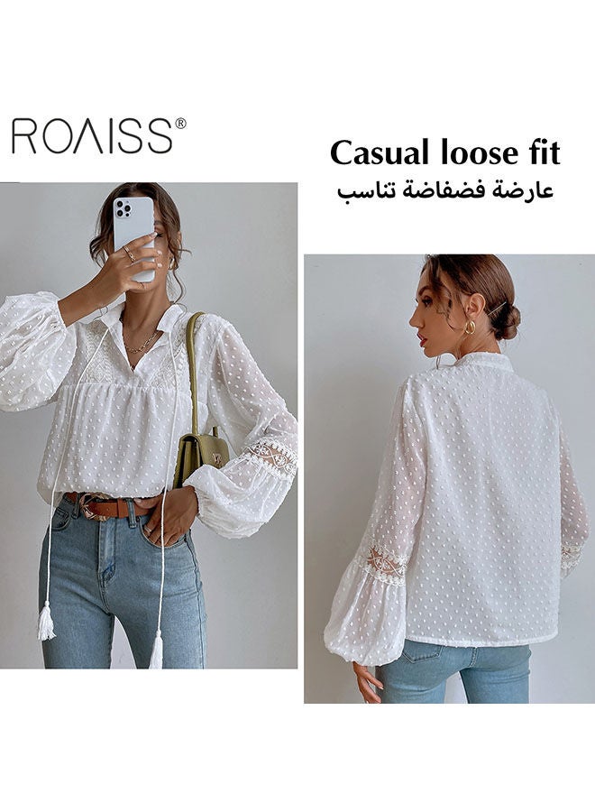 roaiss Women'S Polka Dot Chiffon Shirt Fashion Casual Lantern Sleeve Pullover Lapel Lace Pattern Patchwork Top  - Image 5