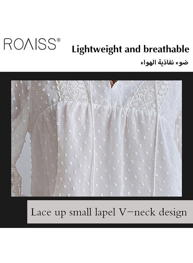 roaiss Women'S Polka Dot Chiffon Shirt Fashion Casual Lantern Sleeve Pullover Lapel Lace Pattern Patchwork Top  - Image 3