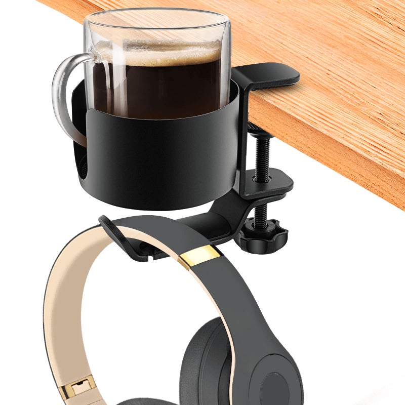 OOKUU 2 in 1 Desk Cup Holder with Headphone Hanger AntiSpill Cup Holder for Desk or Table Easy to Install Sturdy and Durable Enough to Hold Coffee Mups Water Bottles Headphones