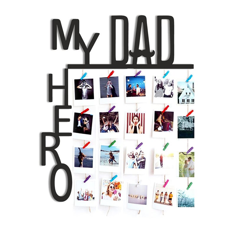 VAH- Kya Bat Hai !! VAH My Dad My Hero wooden Hanging Photo Display Picture Frame Collage Picture Display Organizer with Wood Clips for Wall Decor Hanging Photos 