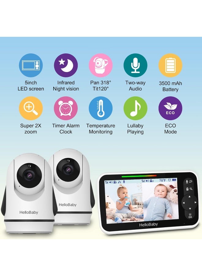 HelloBaby Video Baby Monitor with 2 Cameras and 5 Inch Split Screen Display, Remote Control Cameras with Night Vision and Temperature Monitoring - Image 2